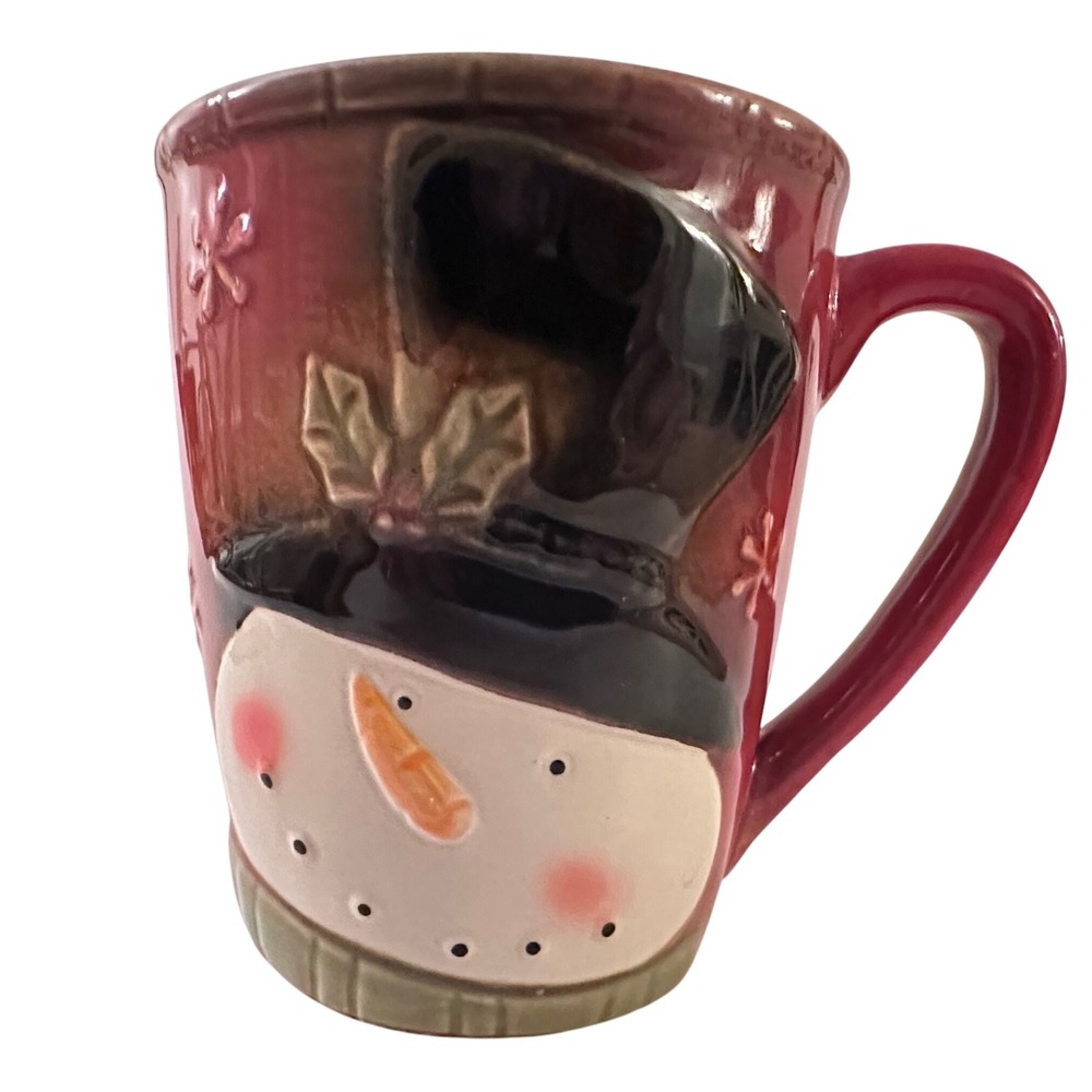 Snowman Mug Festive Red Ceramic Holiday Pottery Coffee Christmas Drinkware - Picture 2 of 9